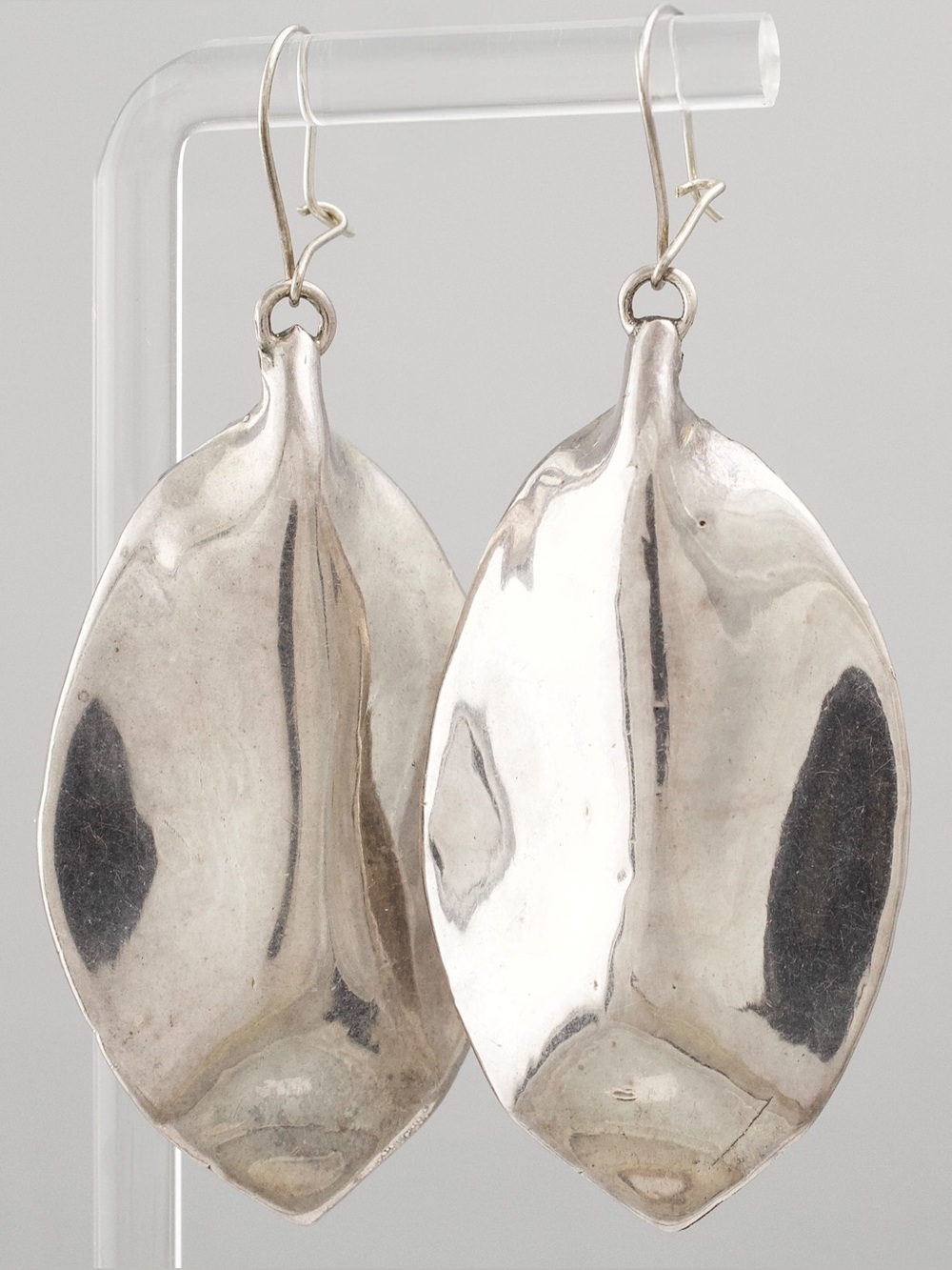 Vintage Extra Large Sterling Silver Leaf Dangle Earrings Sculptural Modernist